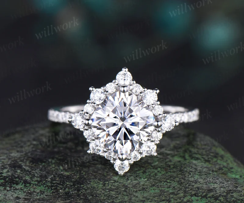 Cushion cut moissanite engagement ring solid 14k white gold half eternity snowdrift halo diamond promise wedding ring women jewelry