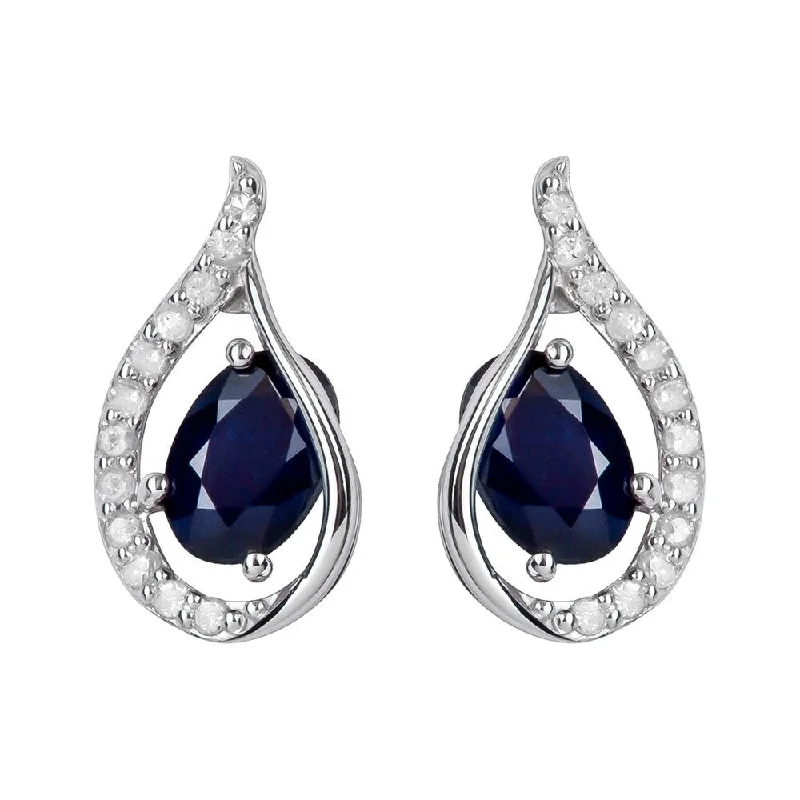 Viducci 10k White Gold Genuine Oval Sapphire and Diamond Curved Halo Drop Earrings