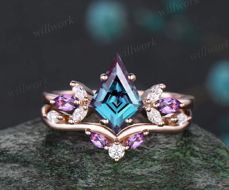 Unique June Birthstone Kite Alexandrite Engagement Ring Set 14k Rose Gold Moissanite Moss Agate Amethyst Opal Moonstone Cluster 2pcs Bridal Ring Set