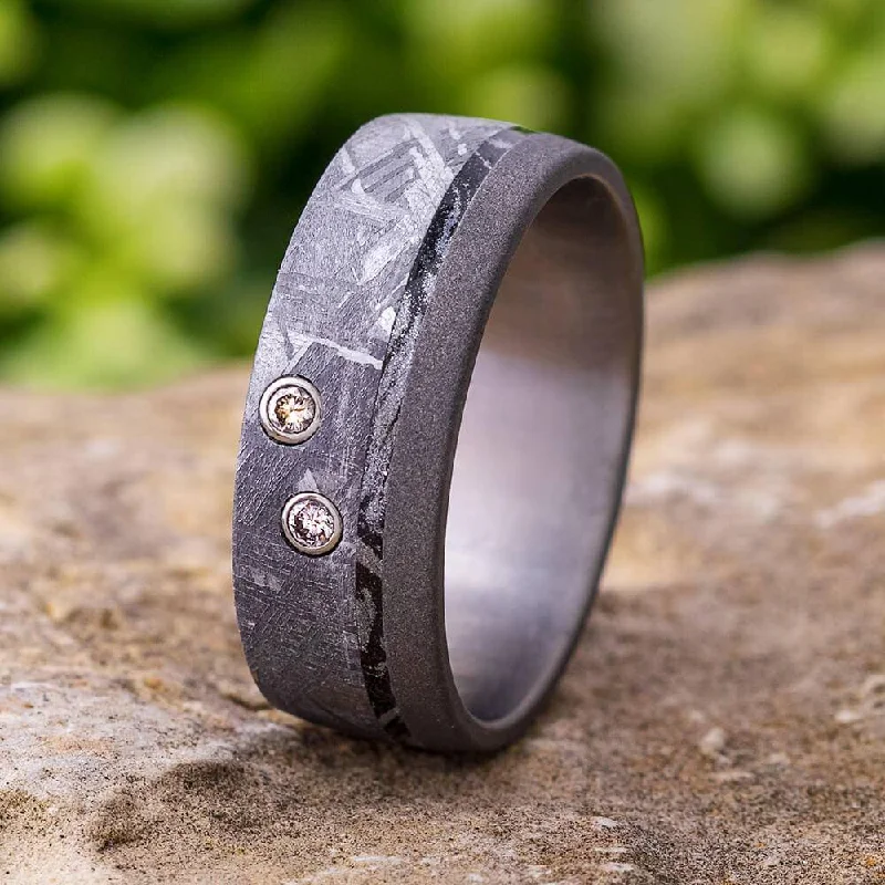 Diamond Meteorite Wedding Band with Black and White Mokume