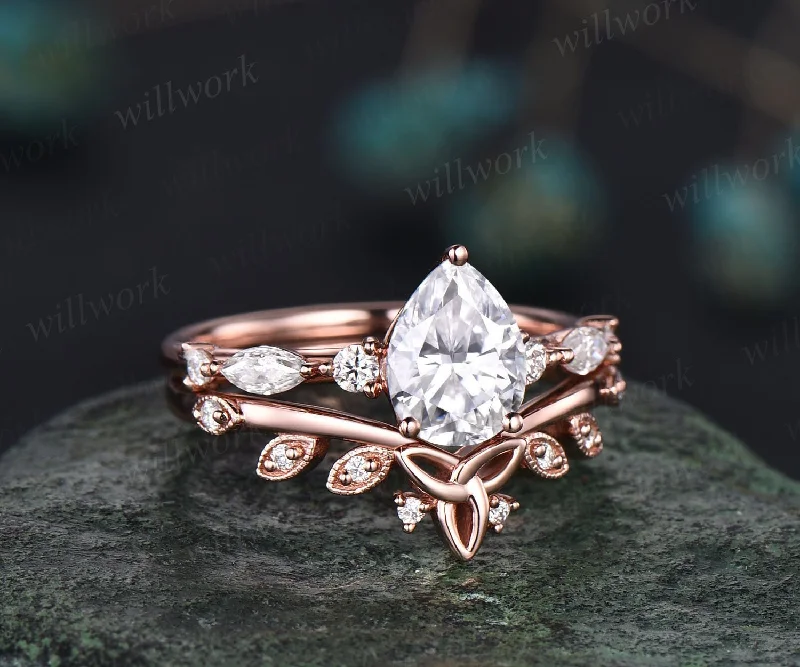 Pear shaped moissanite ring set gold vintage moissanite engagement ring set art deco rose gold engagement ring unique engagement ring women