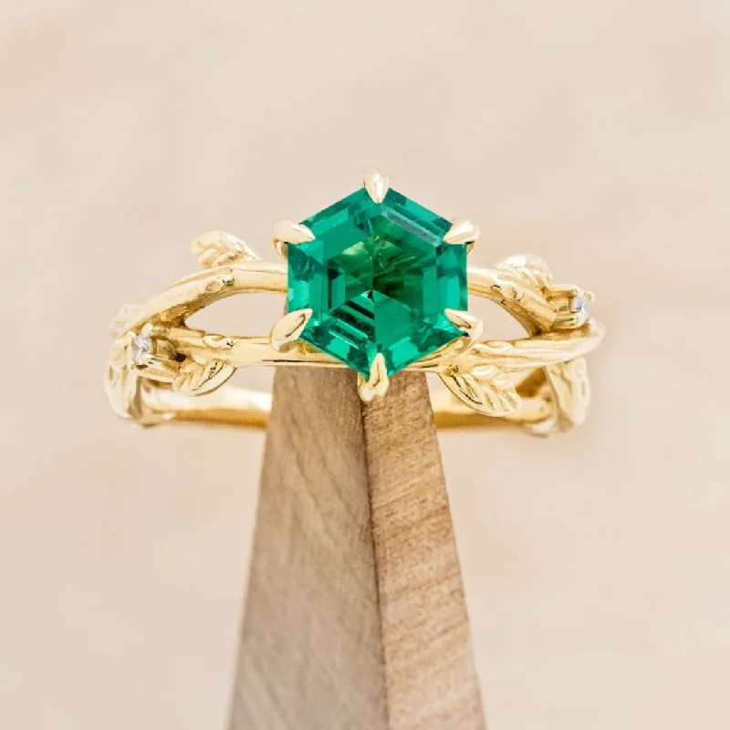 "ARTEMIS ON THE VINE" - HEXAGON LAB-GROWN EMERALD ENGAGEMENT RING WITH DIAMOND ACCENTS & A BRANCH-STYLE BAND