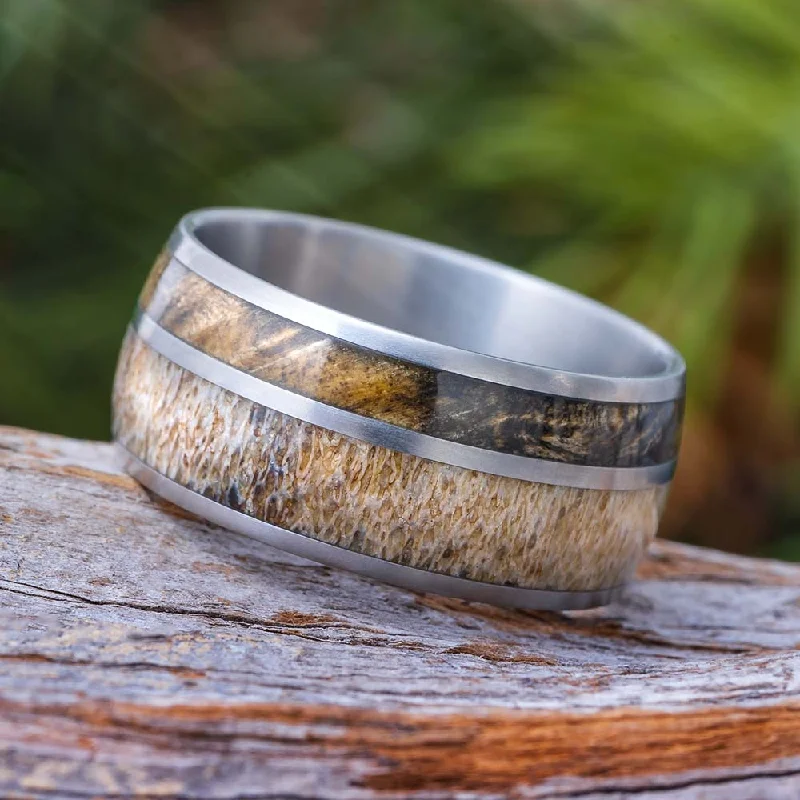 Titanium Ring with Deer Antler and Buckeye Wood Inlays