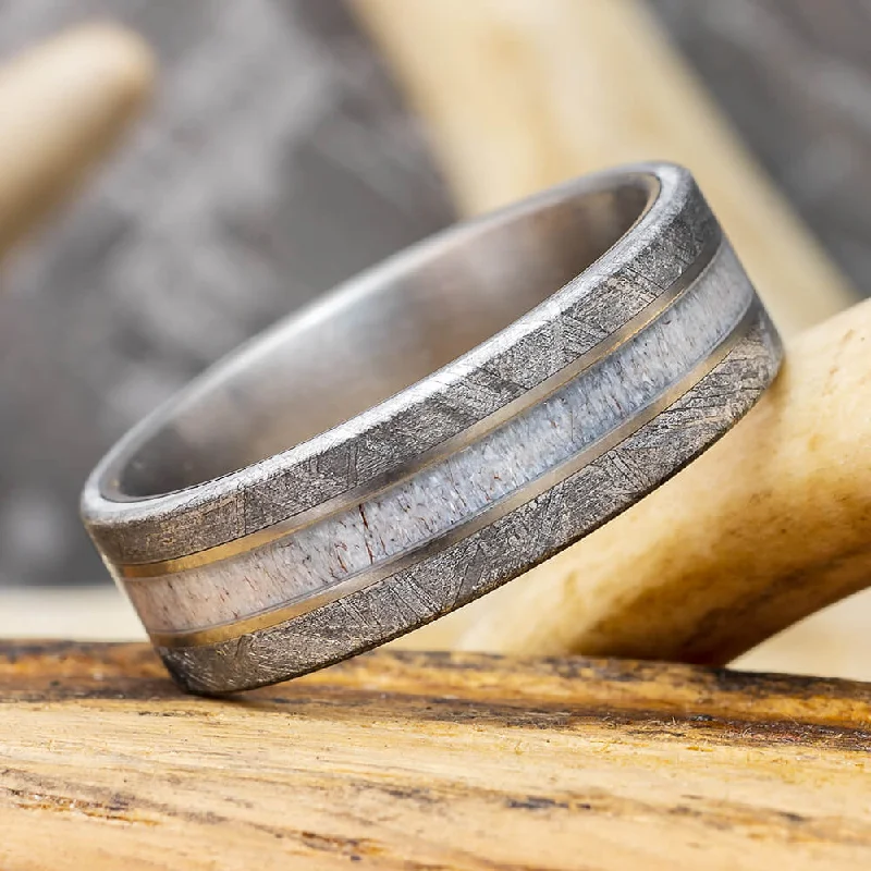 Meteorite and Antler Men's Wedding Ring in Matte Titanium