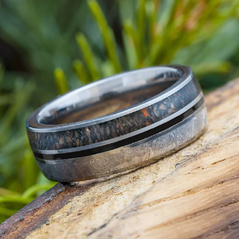 Meteorite and Dino Bone Ring With Black Pinstripe