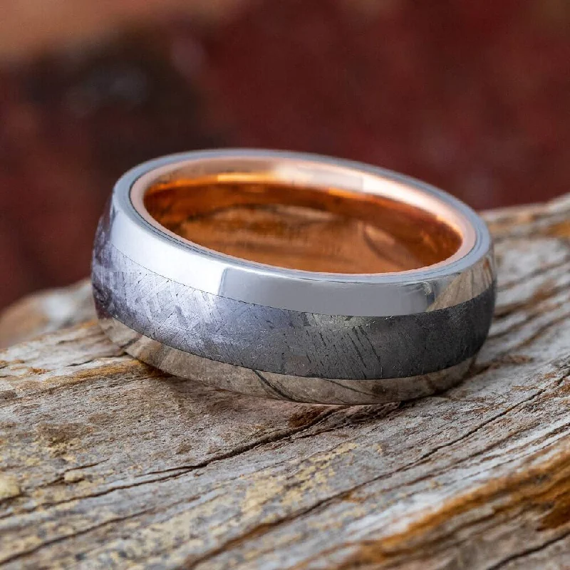 Platinum Meteorite Wedding Band with Rose Gold Sleeve