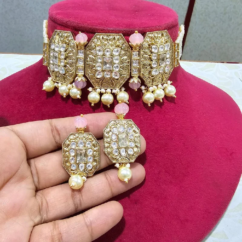 JCM Gold Plated Polki Kundan Stone Pearls Choker Necklace Set