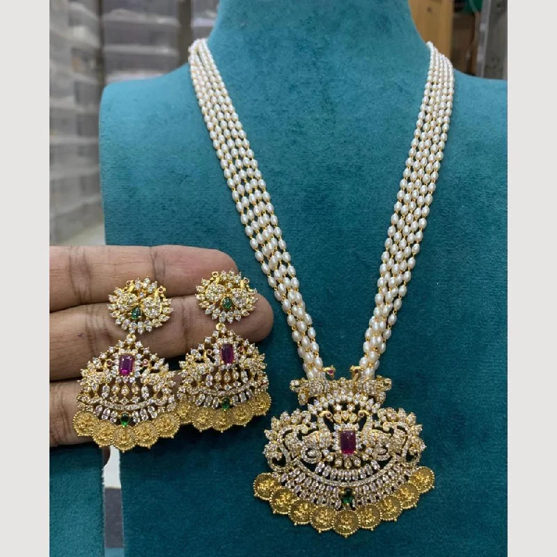 Sona Creation Gold Plated Austrian Stone And Pearls Temple Necklace Set