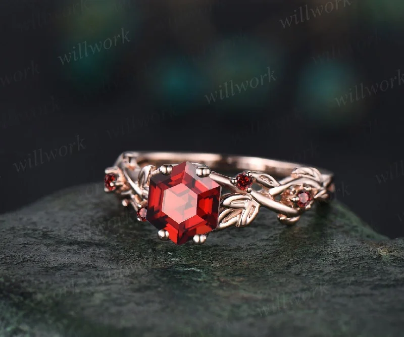 Twig red garnet ring vintage hexagon cut garnet engagement ring 14k rose gold leaf ring January birthstone unique anniversary ring for women