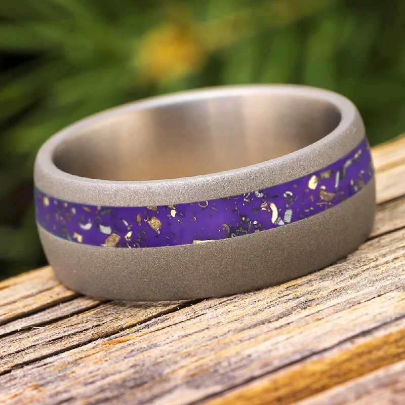 Sandblasted Titanium Wedding Band with Purple Stardust™ Pinstripe