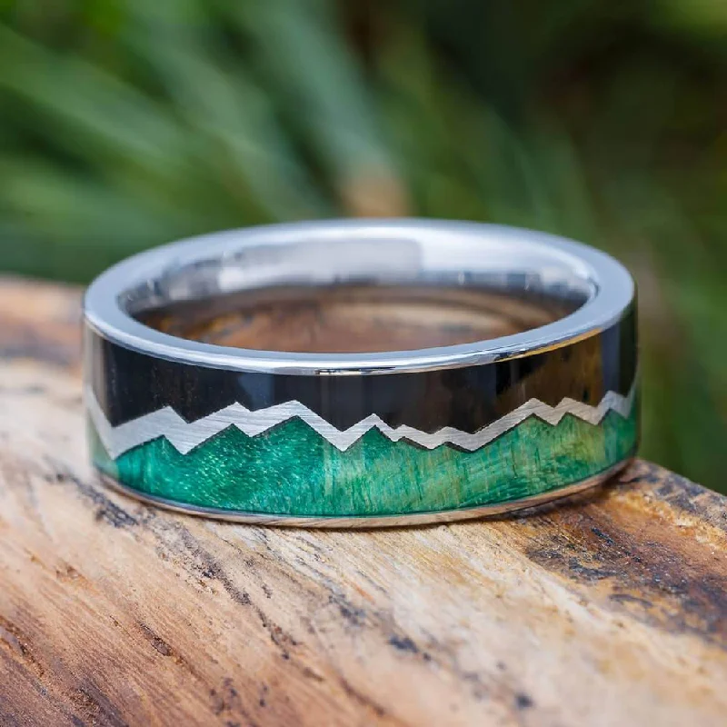 Silver Mountain Range Wedding Band with Green Burl and Ebony Wood