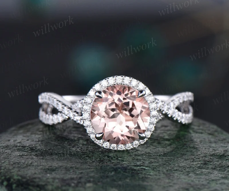 2ct round cut morganite engagement ring white gold twisted infinity halo diamond ring vintage unique promise wedding anniversary ring women