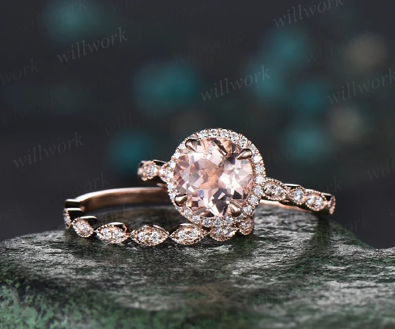 Vintage round cut morganite engagement ring solid 14k rose gold half eternity milgrain halo diamond ring marqusie wedding ring set women