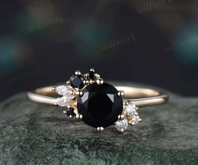 Unique natural round cut black onyx engagement ring art deco cluster yellow gold promise ring moissanite wedding band bridal gifts