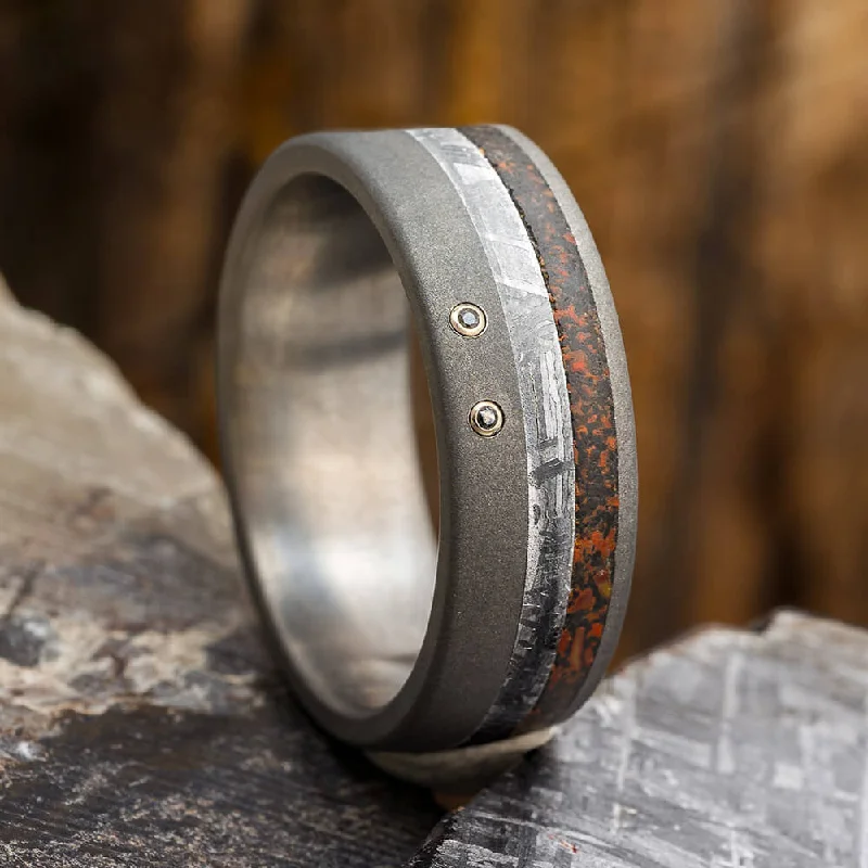 Black Diamond Wedding Ring For Men With Meteorite And Dino Bone