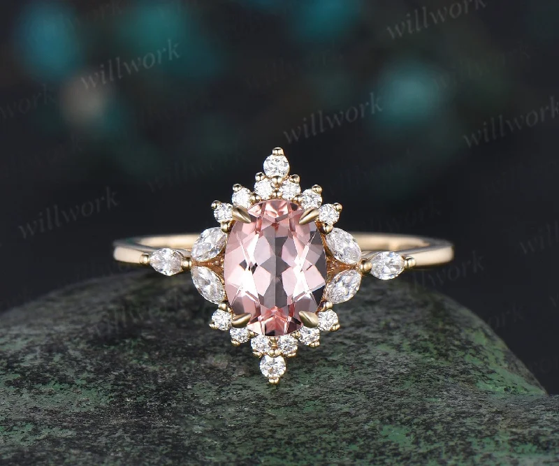 Vintage oval cut morganite engagement ring women solid 14k yellow gold cluster halo marquise diamond promise wedding ring jewelry