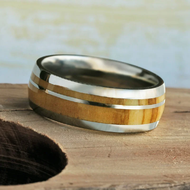 Olive Wood Wedding Band With Titanium Pinstripe, Wood Ring