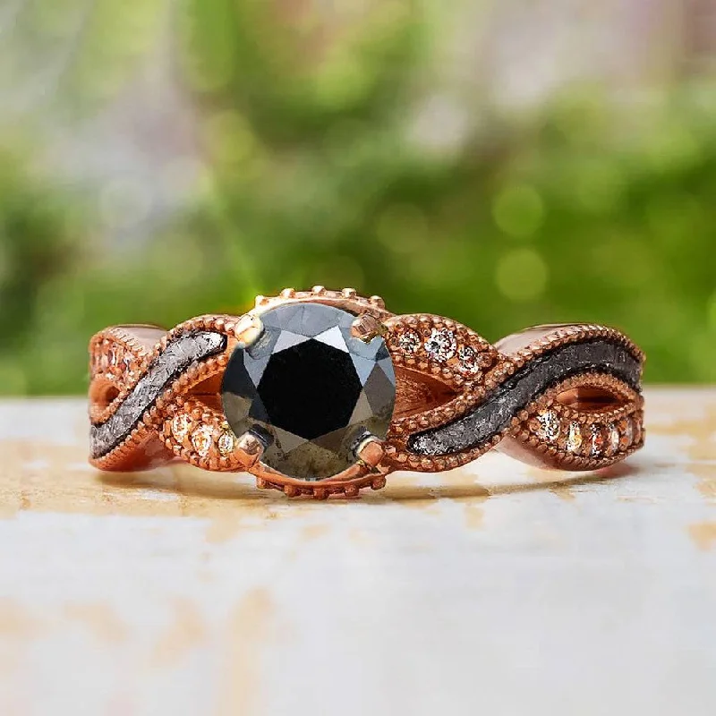 Black Diamond Engagement Ring With A Twist Meteorite Shank