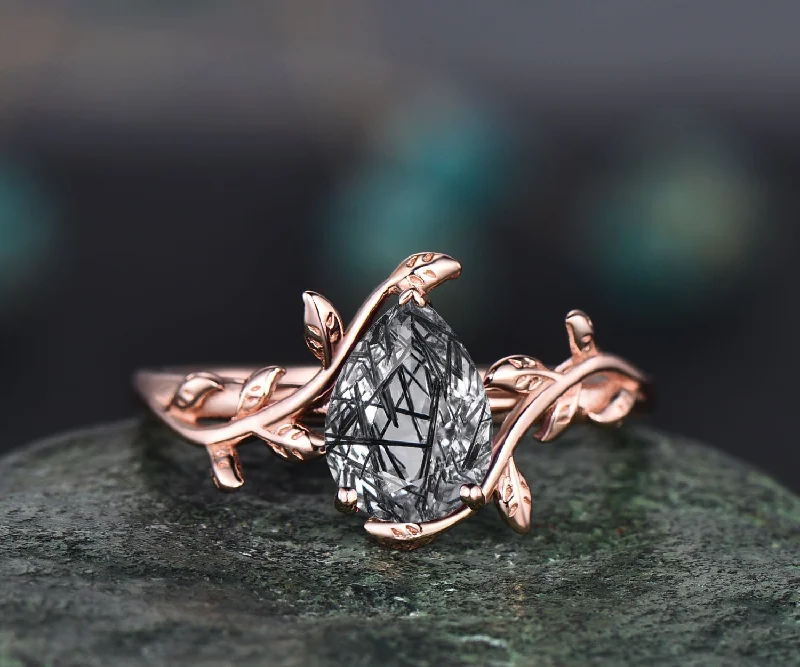 Pear shaped black rutilated quartz ring nature inspired engagement ring leaf 14k rose gold silver solitaire ring unique wedding ring women