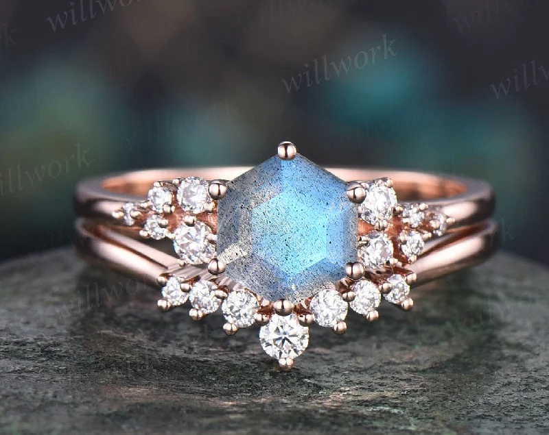 Hexagon blue labradorite engagement ring set unique labradorite snowdrift cluster art deco ring curved moissanite wedding band bridal set for women