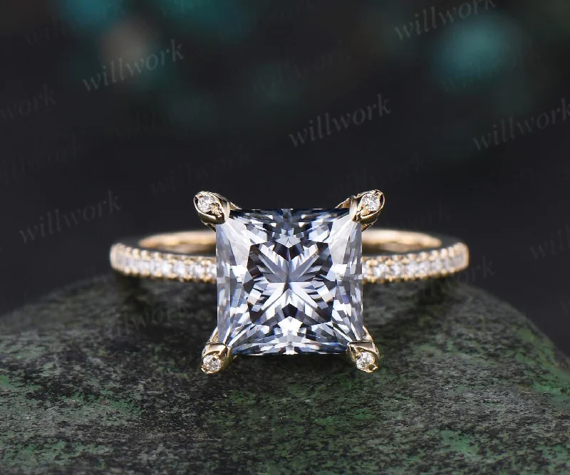 Vintage princess cut gray moissanite engagement ring yellow gold pyramid under halo basket diamond ring women unique promise ring jewelry