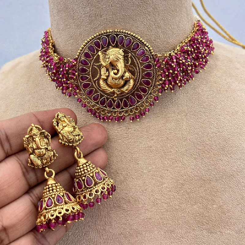 Jewel Addiction Gold Plated Pota Stone And Pearls Lord Ganesha Choker Necklace Set