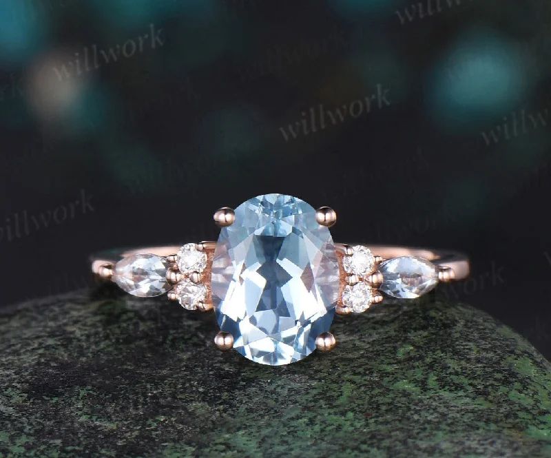 Oval cut aquamarine engagement ring solid 14k rose gold diamond ring March birthstone unique promise wedding ring women