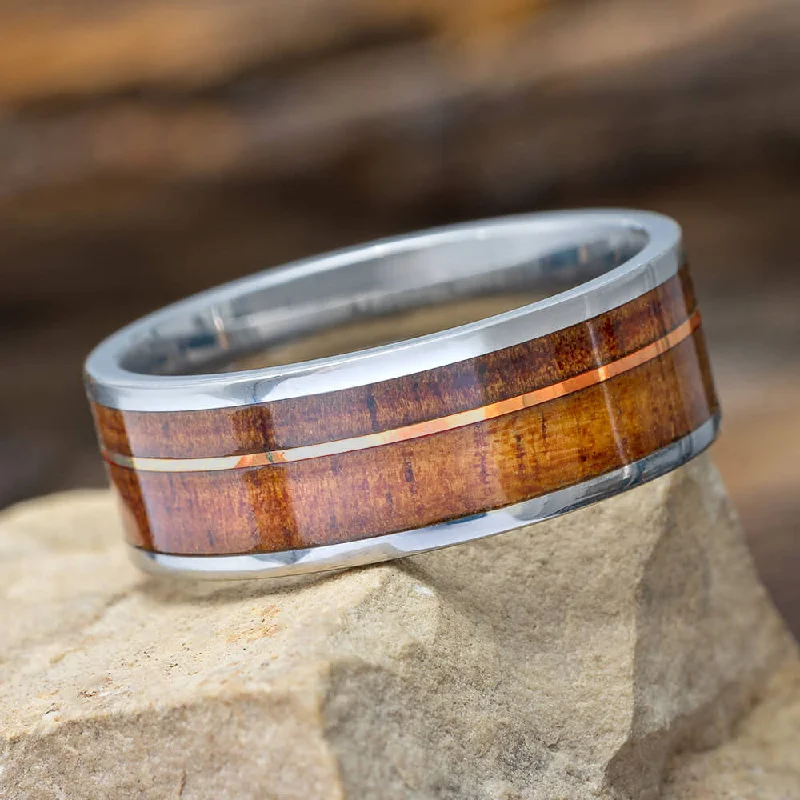 Koa Wood Wedding Band with Gold Pinstripe