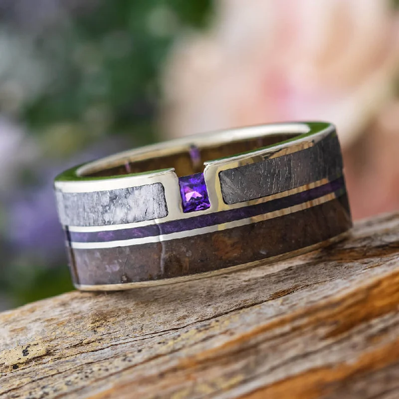 Amethyst Wedding Ring with Dinosaur Bone, Meteorite and Purple Wood