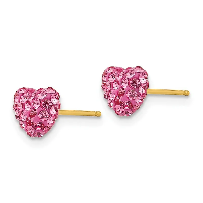 14k Yellow Gold Rose Crystal Heart Stud Earrings (L-6 mm, W-7 mm)