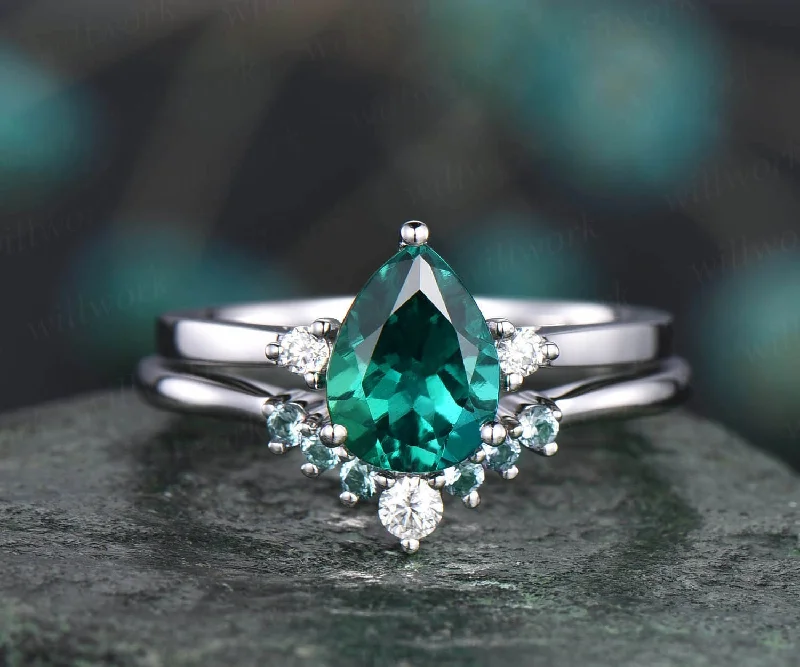 White gold ring 2pcs emerald ring set emerald engagement ring set May birthstone ring moissanite three stone ring alexandrite wedding band