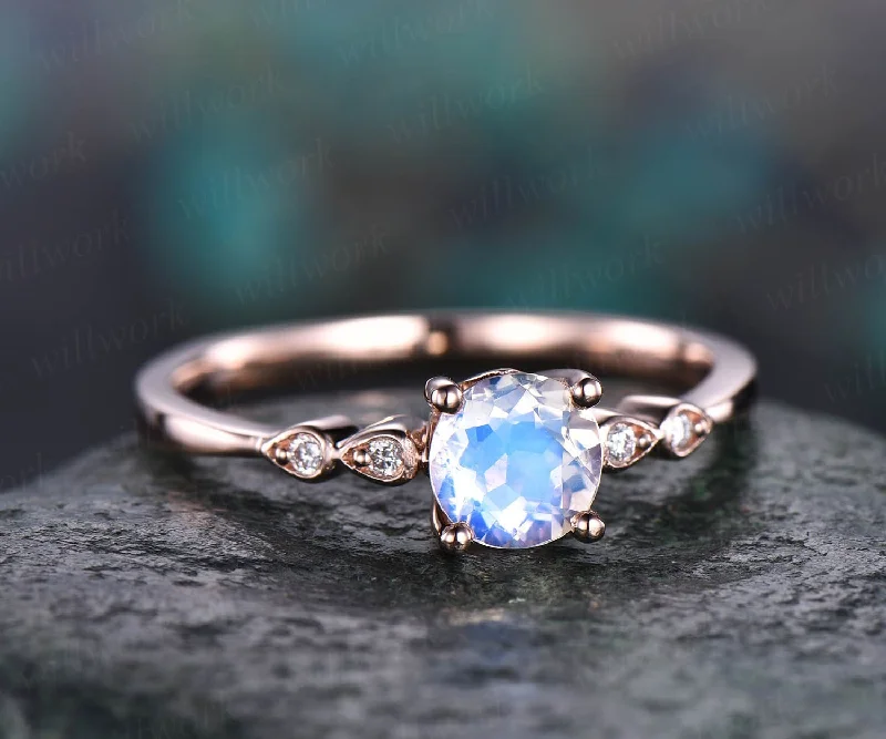 Round moonstone engagement ring 14k rose gold teardrop vintage unique five stone diamond engagement ring wedding anniversary ring for women