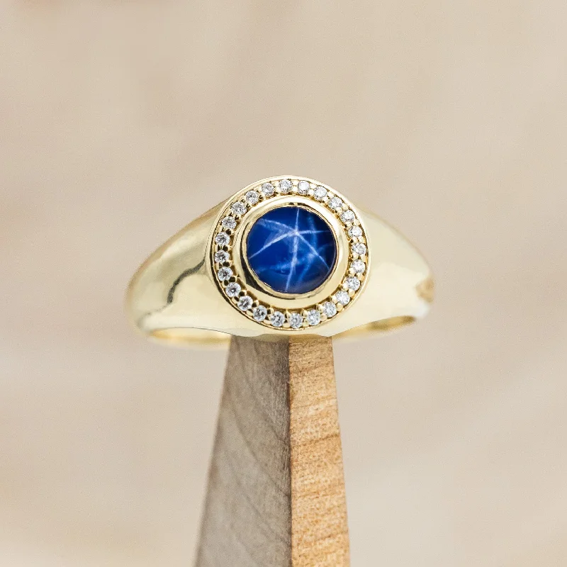 "ARLA" - ROUND CUT LAB-GROWN BLUE STAR SAPPHIRE ENGAGEMENT RING WITH DIAMOND ACCENTS