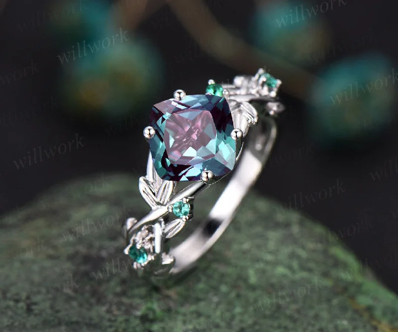 READY TO SHIP: Twig Cushion Cut Alexandrite Engagement Ring - 14k White Gold - Ring Size: 10 US