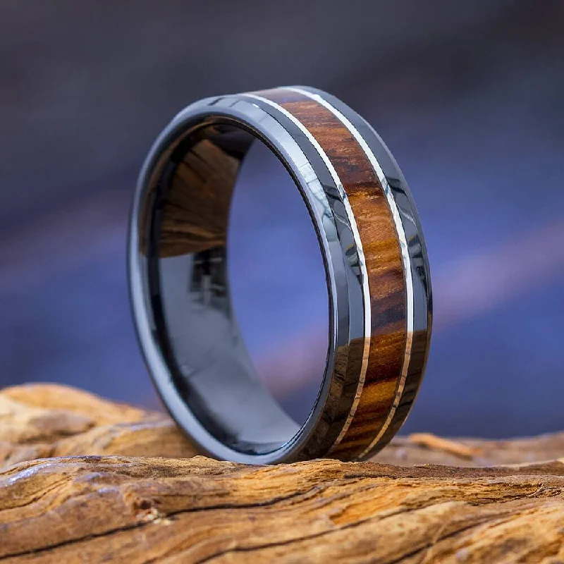 Black Wedding Band with Zebrawood & Pinstripes