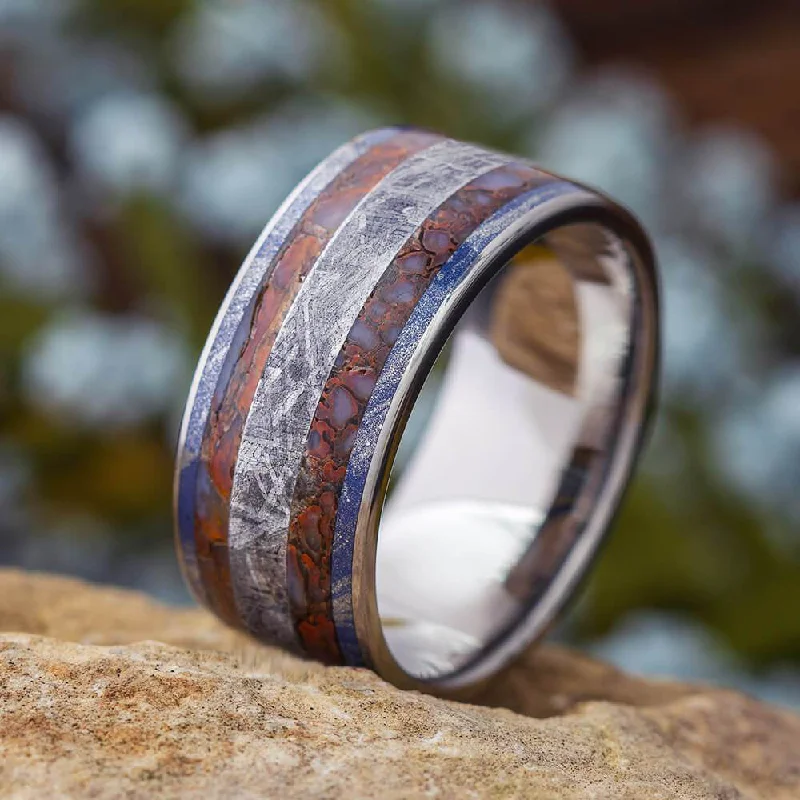 Mens Wedding Band With Meteorite And Dinosaur Bone, Fossil Ring