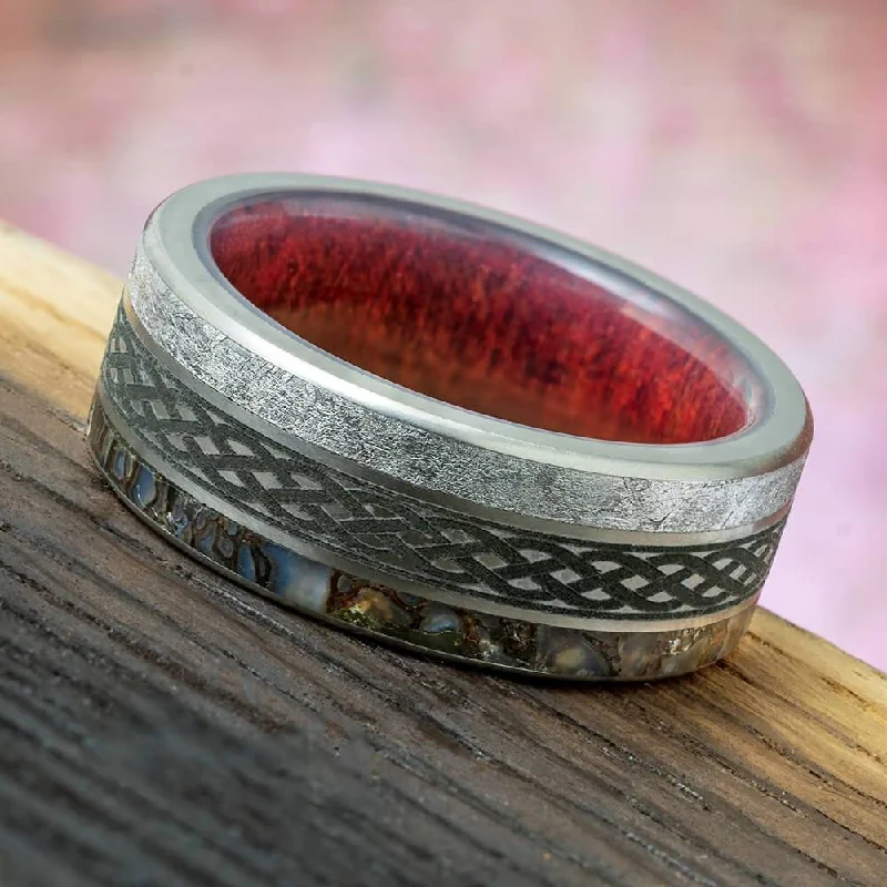 Men's Wedding Band With Meteorite, Wood & Celtic Engraving