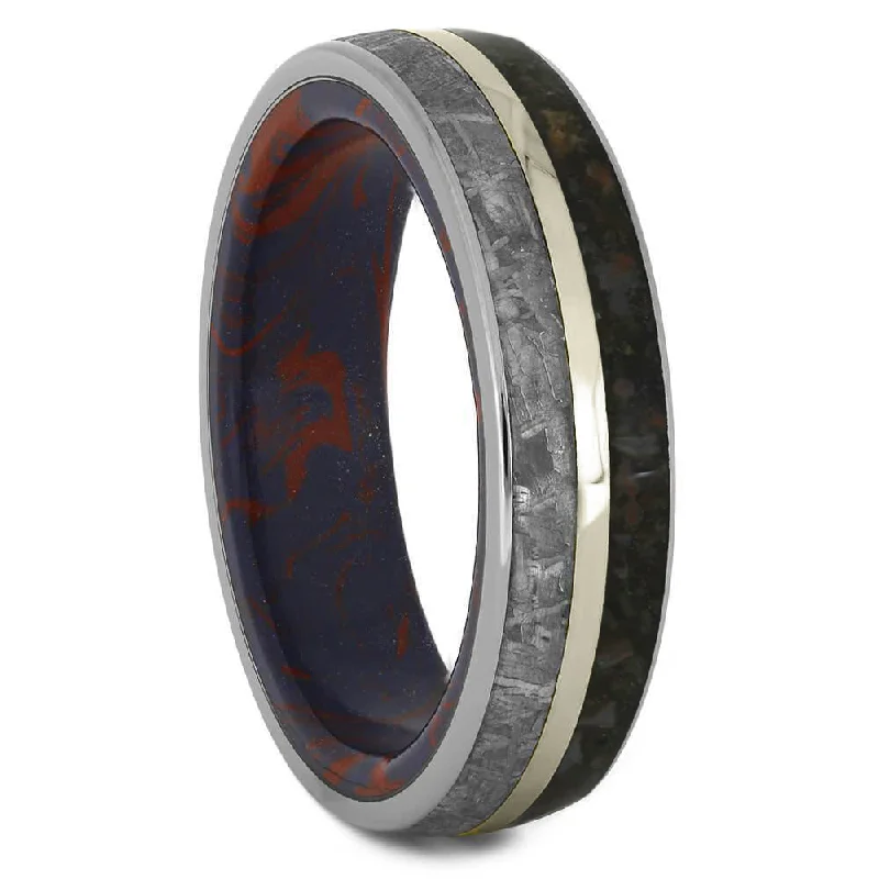 Dinosaur Bone, Meteorite & Mokume Gane Ring With Pinstripe