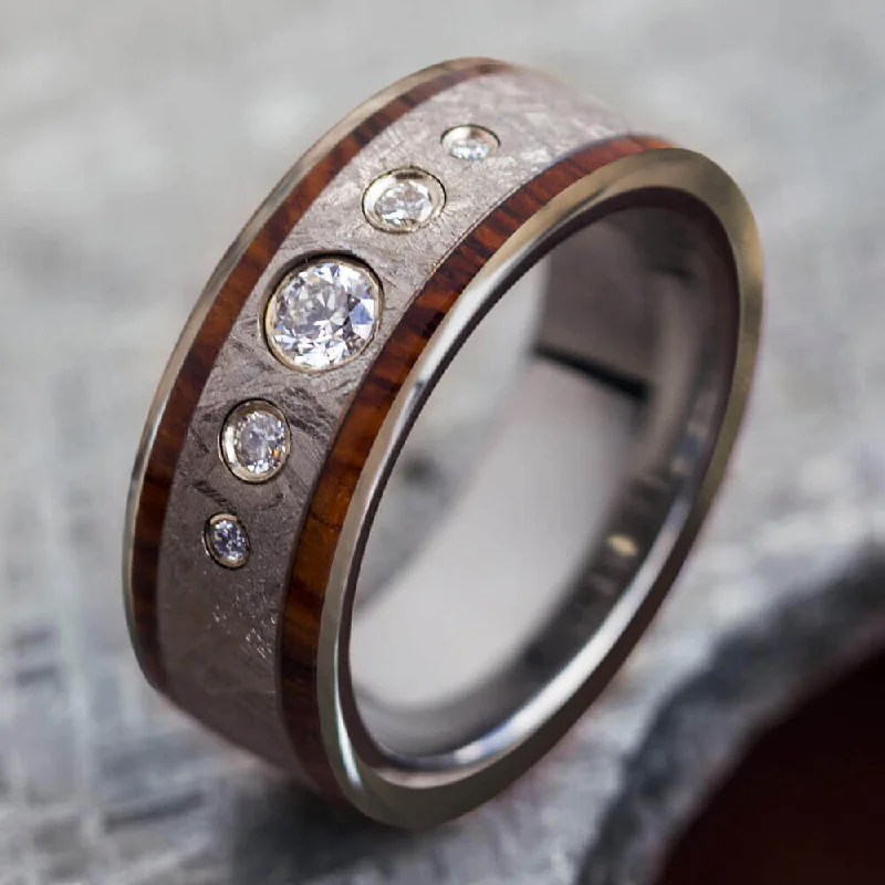 Meteorite and Exotic Rosewood Band with Moissanites