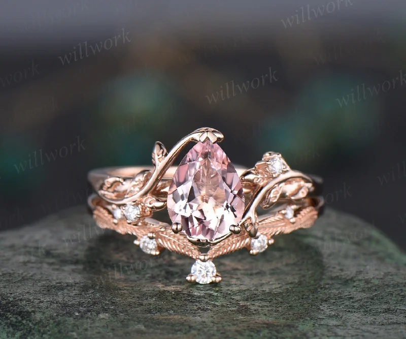 Pear shaped natural Pink morganite ring rose gold leaf nature inspired unique engagement ring women art deco promise wedding bridal ring set