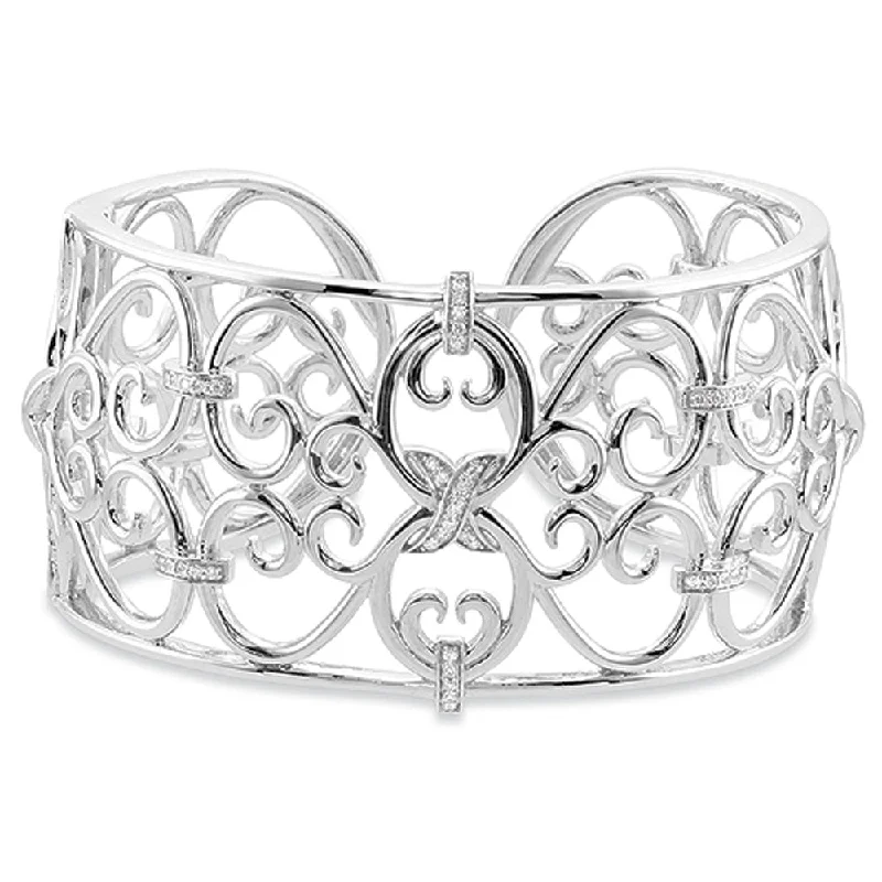 Sterling Silver Diamond Heart Scroll Cuff Bracelet