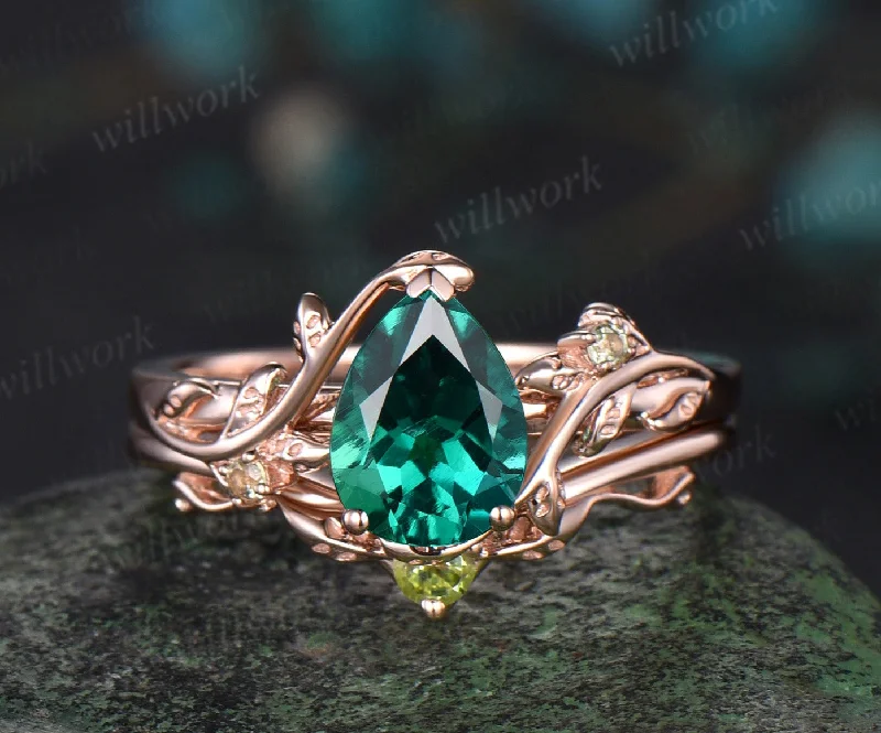 Pear cut green emerald engagement ring solid 14k rose gold leaf nature inspired three stone peridot bridal ring set women