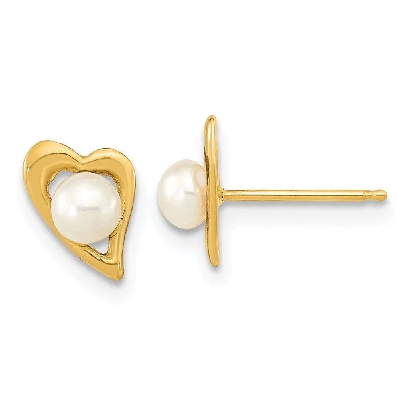 14k Yellow Gold 3-4mm White Button Freshwater Cultured Pearl Stud Earrings (L-8.91 mm, W-6.67 mm)