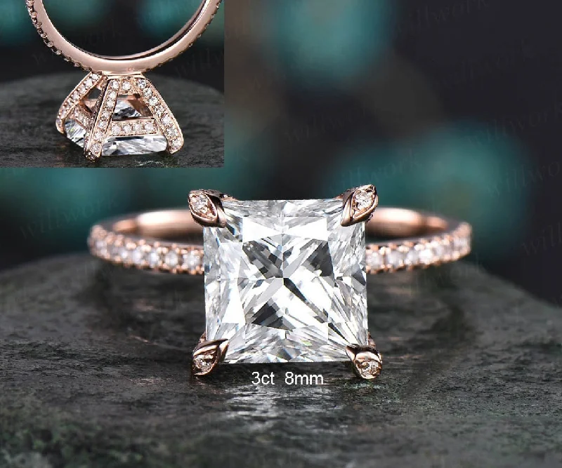 4ct moissanite ring vintage princess cut moissanite engagement ring 14k rose gold unique pyramid under halo basket diamond ring women her