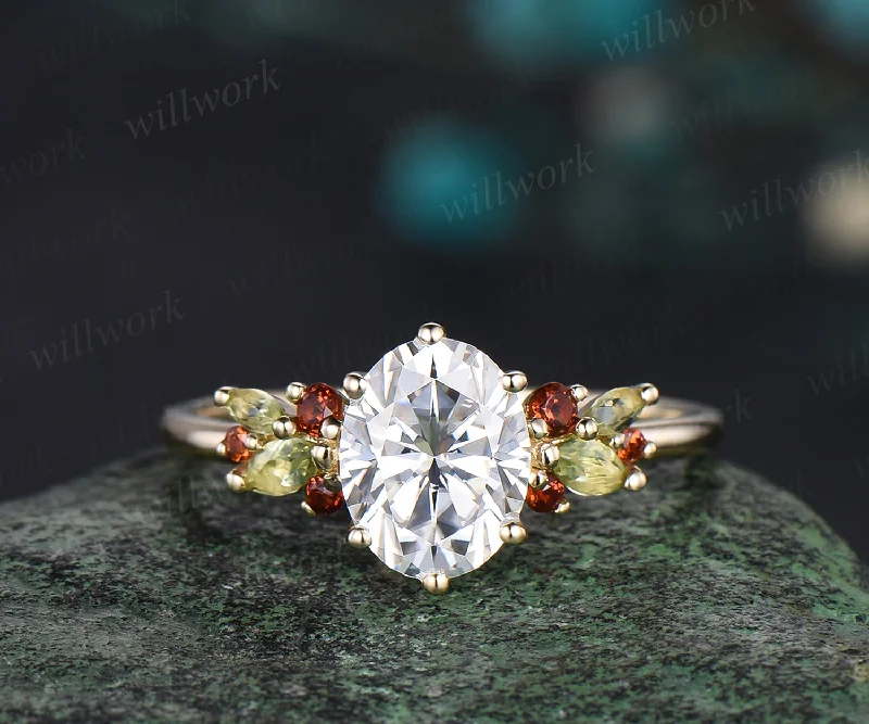 Vintage Oval Cut Moissanite Engagement Ring Natural Peridot Garnet Cluster Wedding Ring 14k Yellow Gold Custom Bridal Gift