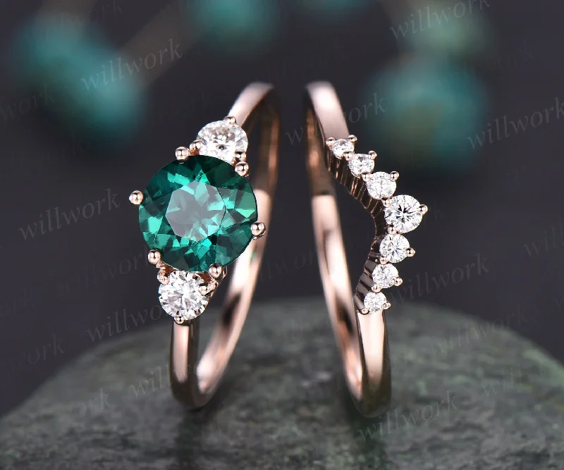 2pcs round emerald engagement ring set emerald rings for women vintage emerald bridal set solid 14k rose gold moissanite ring jewelry gift