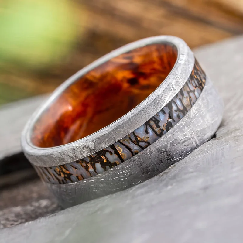 Men's Meteorite Wedding Band with Dinosaur Bone and Wood Sleeve