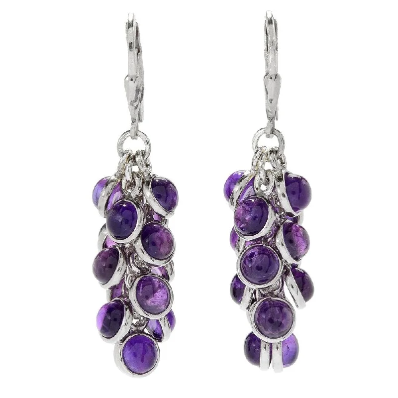 Sterling Silver 1.75" Round Amethyst Cluster Drop Earrings