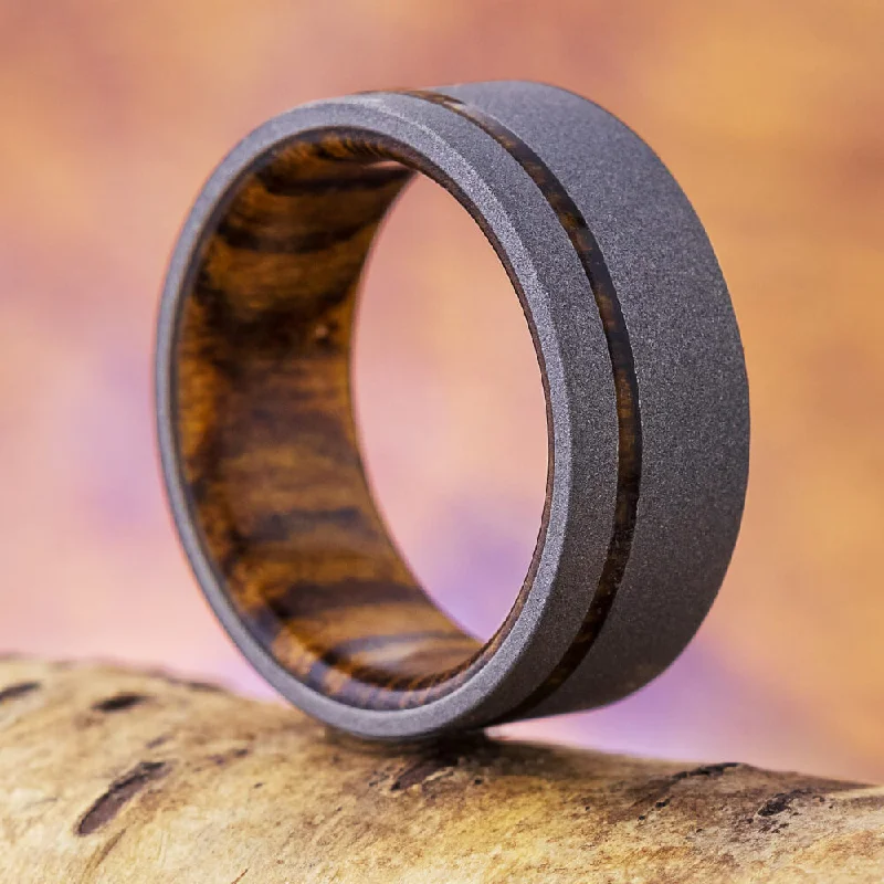 Bocote Wood Wedding Band, Sandblasted Titanium Ring