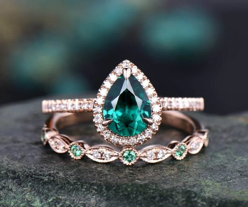 2pcs emerald bridal set unique vintage engagement ring pear emerald engagement ring set rose gold natural emerald wedding ring band jewelry